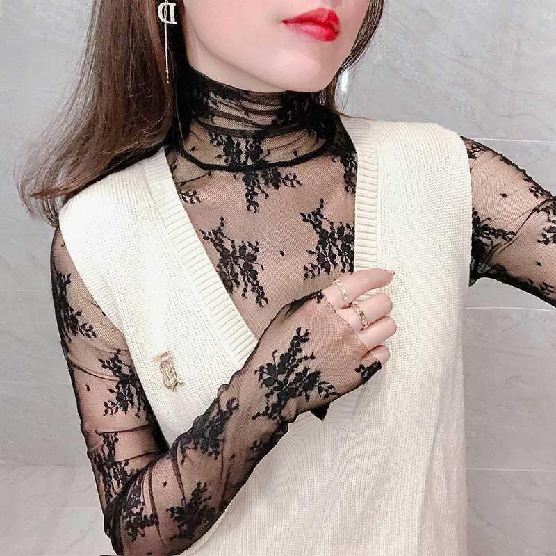 See-Through High-Neck Lace Bottoming Shirt for Women, Long-Sleeved New Sweater with Sexy Hollow Mesh Fairy Top