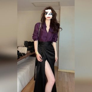 Slightly Fat, High-End and Chic Purple V-Neck Satin Shirt for Women, Spring and Summer Royal Sister Style Slit Skirt Suit
