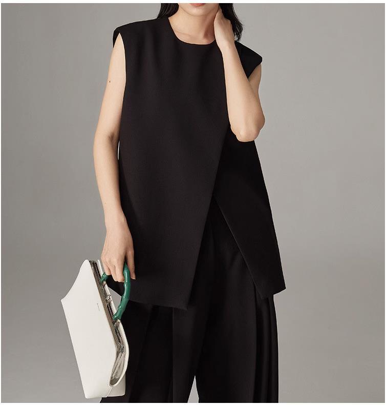 GraceChic Cross-Border Strong Twist Fabric Three-Dimensional Cutting Irregular Silhouette Draped Double Pleat Slimming Suit Vest_voghion.com