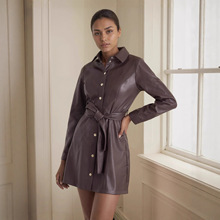 新款欧美中长款皮衣含腰带春秋长袖PU皮风衣时尚英伦皮衣外套女