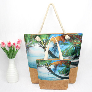 Cross-border cotton rope portable large capacity tote bag suit 2pcs beach printing diy figure beach bag