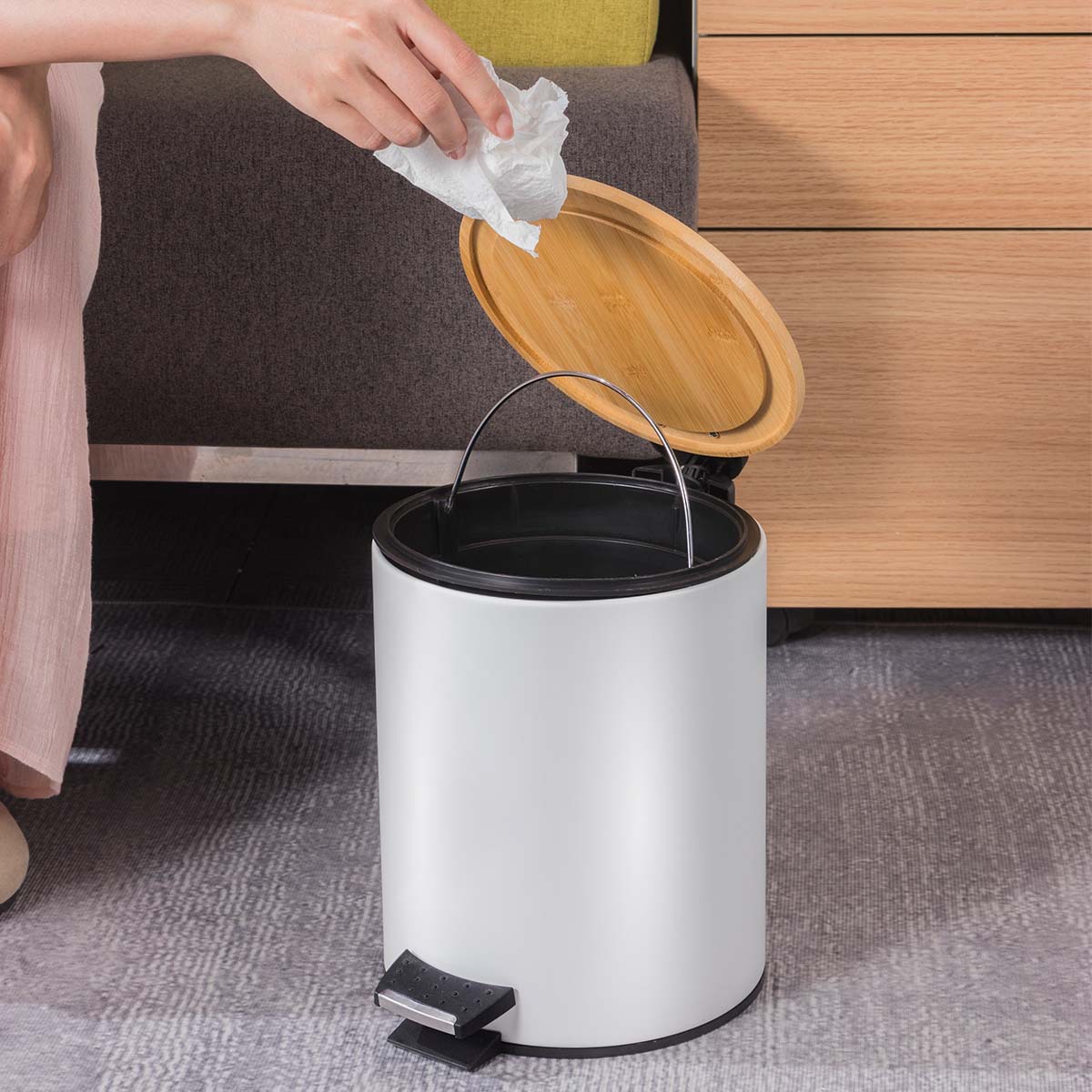 Cubierta de bambú para el hogar, cubo de basura silencioso y lento, cubo de almacenamiento para sala de estar, desperdicios de cocina con cubierta, cesta de papel para residuos de baño con pedal