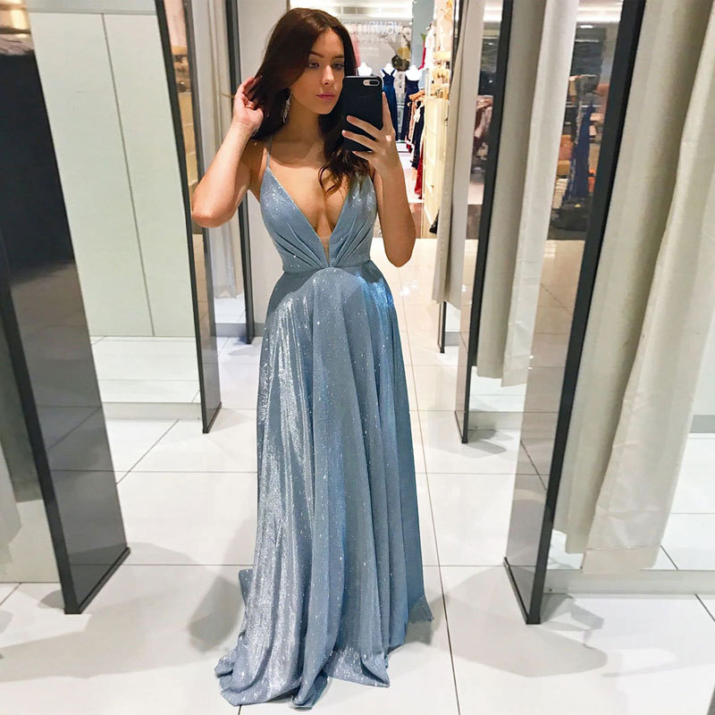 Comercio exterior europeo y americano Amazon AliExpress deseo vestido de noche de las mujeres sexy profundo cuello en V Correa vestido largo sin espalda