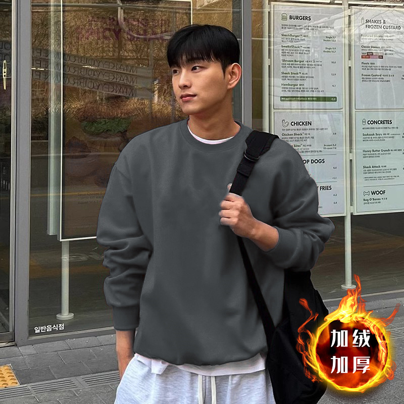 벨벳 스타일의 다크 그레이 라운드넥 스웨트셔츠 - 솔리드 컬러 [GL]