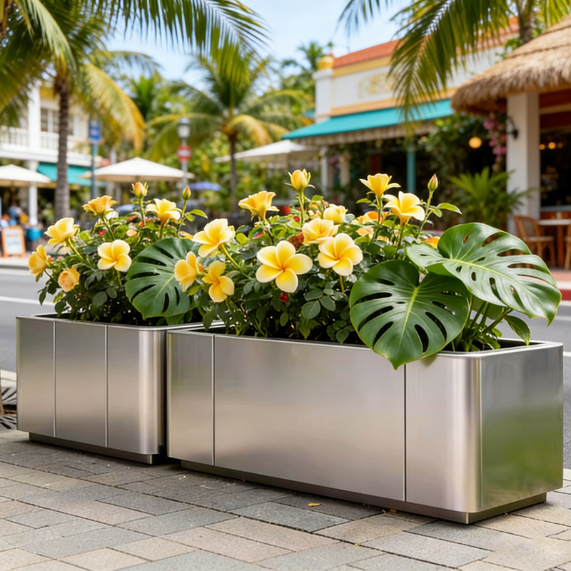 Caja de flores de acero inoxidable forjado al aire libre, sala de ventas, caja de flores de calle comercial, caja de flores de metal terminada, cerca de caja de flores