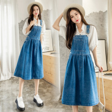 实拍韩版新款胖mm大码女装减龄牛仔中长款宽松显瘦背带裙蓝色其他
