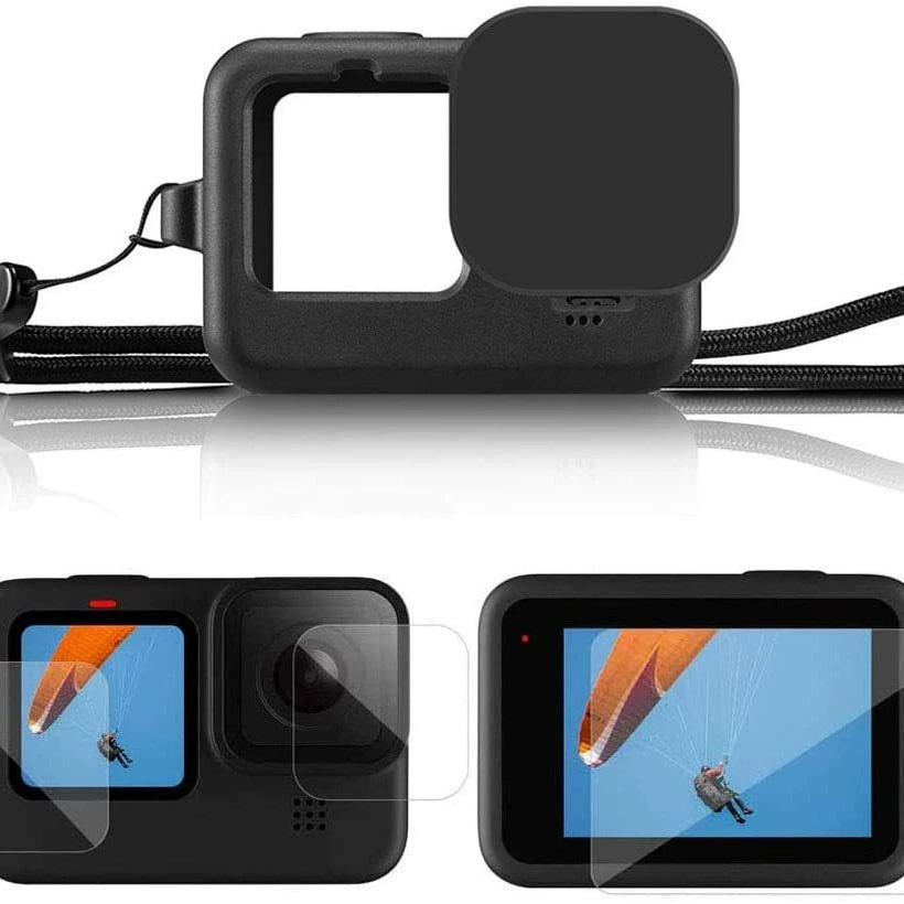  silicone sleeve+lens cover+latch rope+tempered protective film