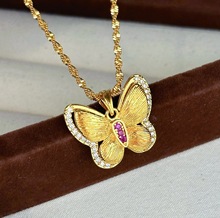 金店同款双层蝴蝶吊坠项链女微镶拉丝沙金仿真黄金水波链小众配饰