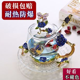 Enamel Color Water Cup Glass Children's Home Breakfast Milk Flower Tea Cup Creative Trendy European Coffee Cup Dry Xu