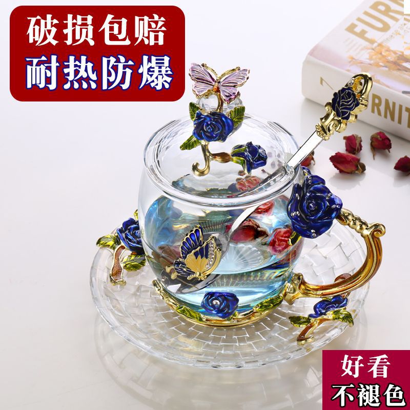 珐琅彩水杯玻璃杯子女家用早餐牛奶花茶杯创意潮流欧式咖啡杯乾胥