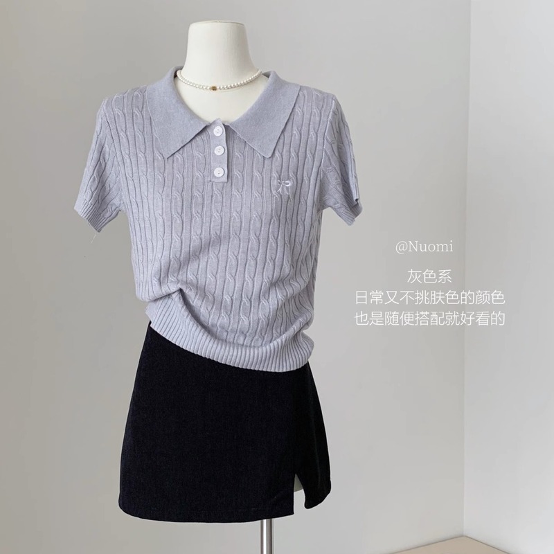 韩系纯色翻领蝴蝶结针织T恤短袖女夏季新款宽松百搭减龄防晒衫|undefined