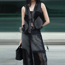 欧洲站时尚休闲两件套装女式春夏新款网格拼接牛仔马甲高腰牛仔裤