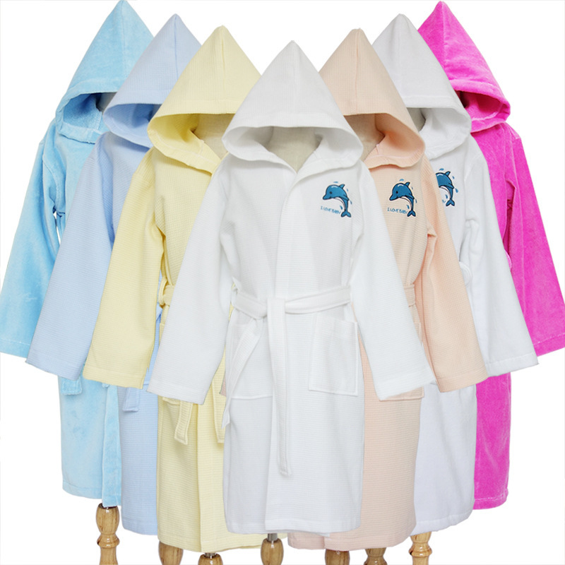 Children's cotton bathrobe hooded nightgown swimming bathrobe cotton thick Four Seasons soft absorbent breathable super good