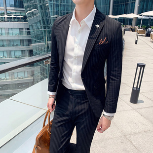 2025 Spring New Men's Long Sleeve Suit Korean Style Slim Business Casual Striped Groom Two-Piece Set
