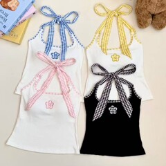 刺繍入りキャミソールレディースショートノースリーブホルターネックストラップトップ