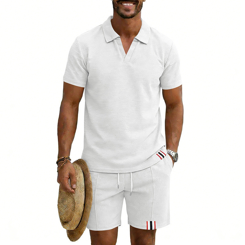 Men's Summer Waffle Knit Polo Shirt And Shorts Set, Casual Breathable Comfort Outfit For Daily Wear ​​Lightweight & Quick-Drying Fabric​_viptrois.com