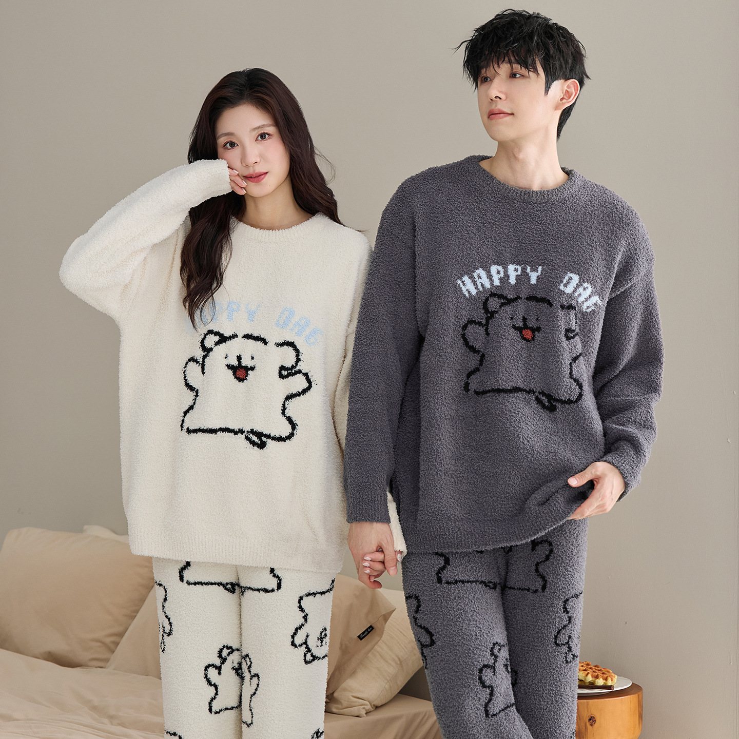 Couple Pajamas Women's Winter Half Velvet Fleece-Lined Thickeneded Cartoon Cute Men's Loose Autumn and Winter Home Wear Set