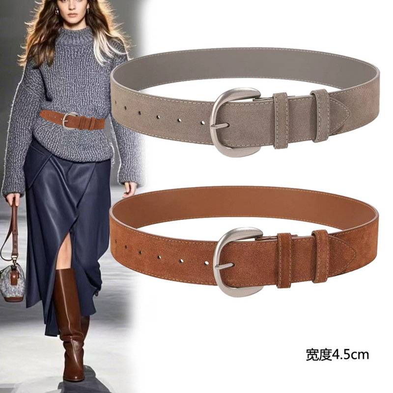 New Style Silver Buckle Women's Wide Belt Decorative Trench Coat Dress Waist-Cinching Jeans Belt with Vintage Pin Buckle Suede Leather New Style Silver Buckle Women's Wide Belt Decorative Trench Coat Dress Waist-Cinching Jeans Belt with Vintage Pin Buckle Suede Leather