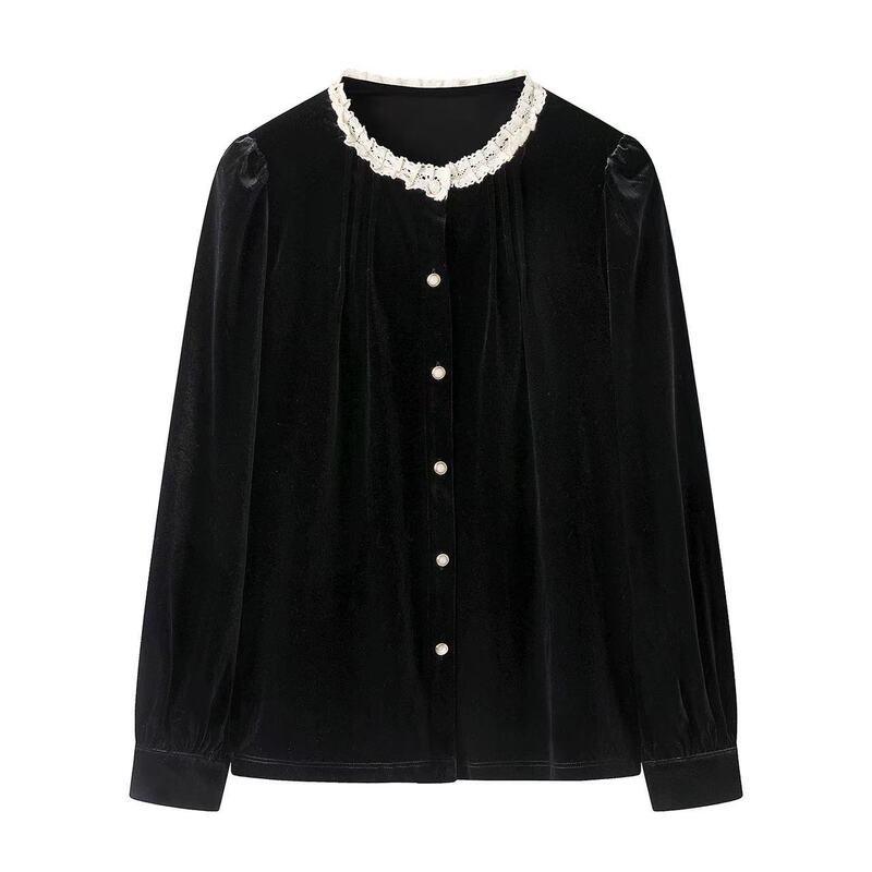 Glossy Black Gold Velvet Shirt Women's Long-Sleeved Autumn and Winter French Style Round Neck Lace Top