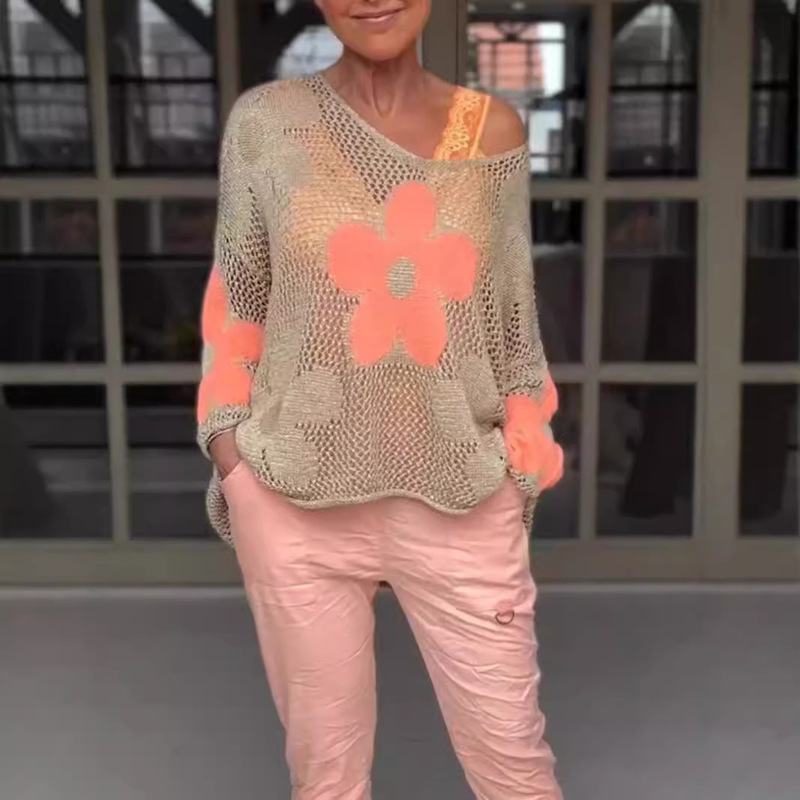 European and American Popular Floral Knitted Cut Out V Neck Shirt 2025 Amazon New Flower Mesh Temu Needle Knitwear