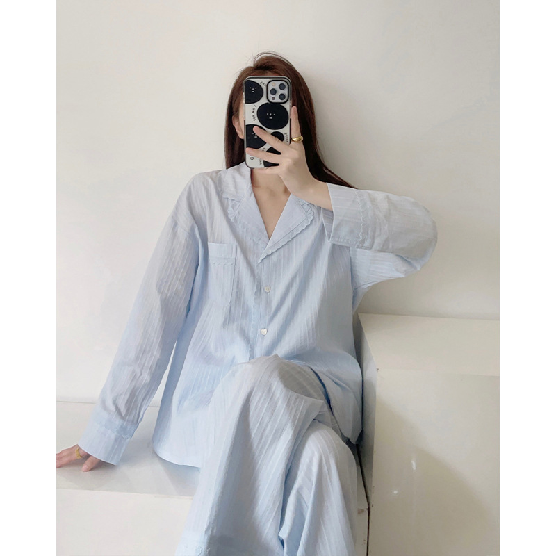 韩系蓝色花边休闲睡衣女款春秋季2025新款大码宽松显瘦家居服套装|undefined
