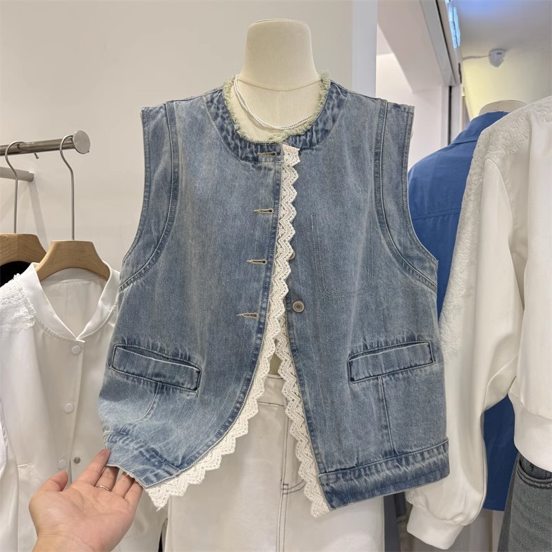 Spring fashionable lace retro denim jacket sleevless