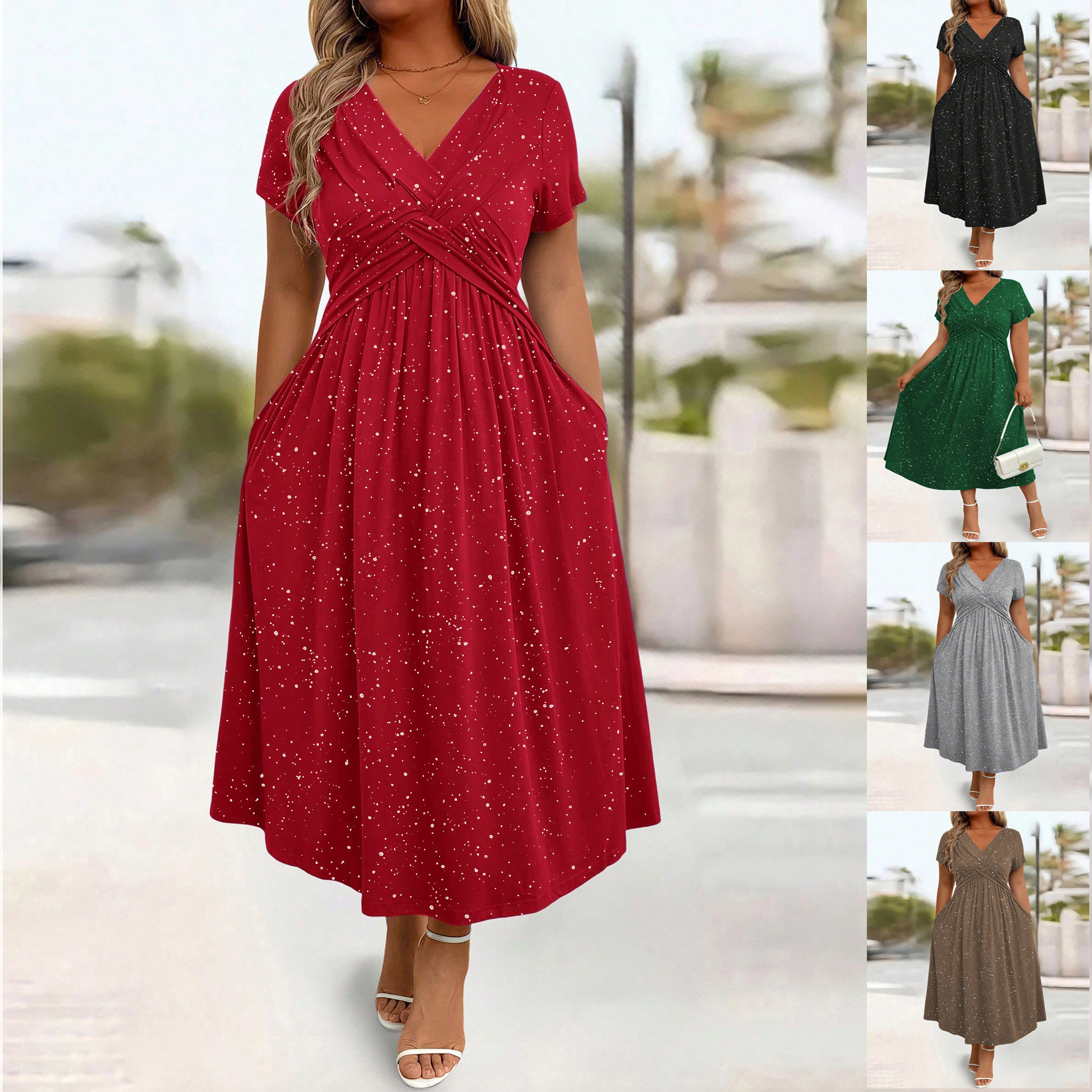 2026 European and American cross-border new style elegant waist-cinching glittery twisted strap pocketed V-neck short-sleeve dress for women