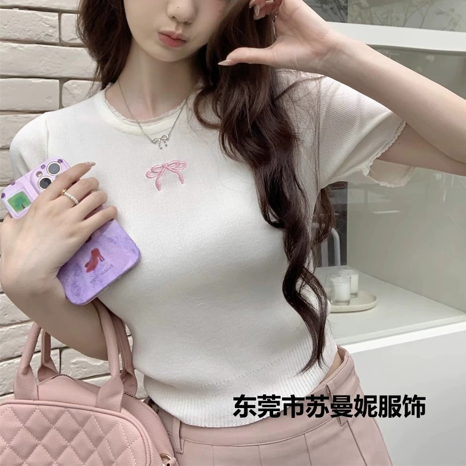 Летний вязаный короткий свитер с бантом, с вышивкой, slim fit