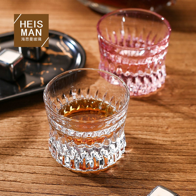 Haiseman Transparent Striped Whiskey Glasses, Thick Liquor Glasses Bar Refined Alcohol Cups Pink Engraved Baijiu Glasses