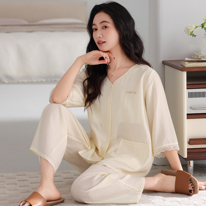 【预售专属】带胸垫睡衣女夏款莱赛尔七分袖大码简约薄款家居服女