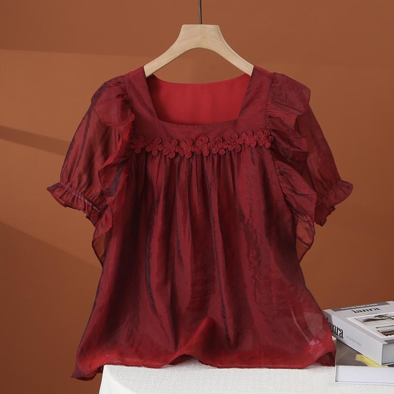 Summer Square Collar Chiffon Shirt Women's Short Sleeves 2024 New Fashion Style Lace Flower
