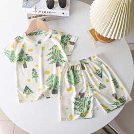 夏季儿童冰丝套装中小童装短袖空调服男宝女宝轻薄透气家居服薄款