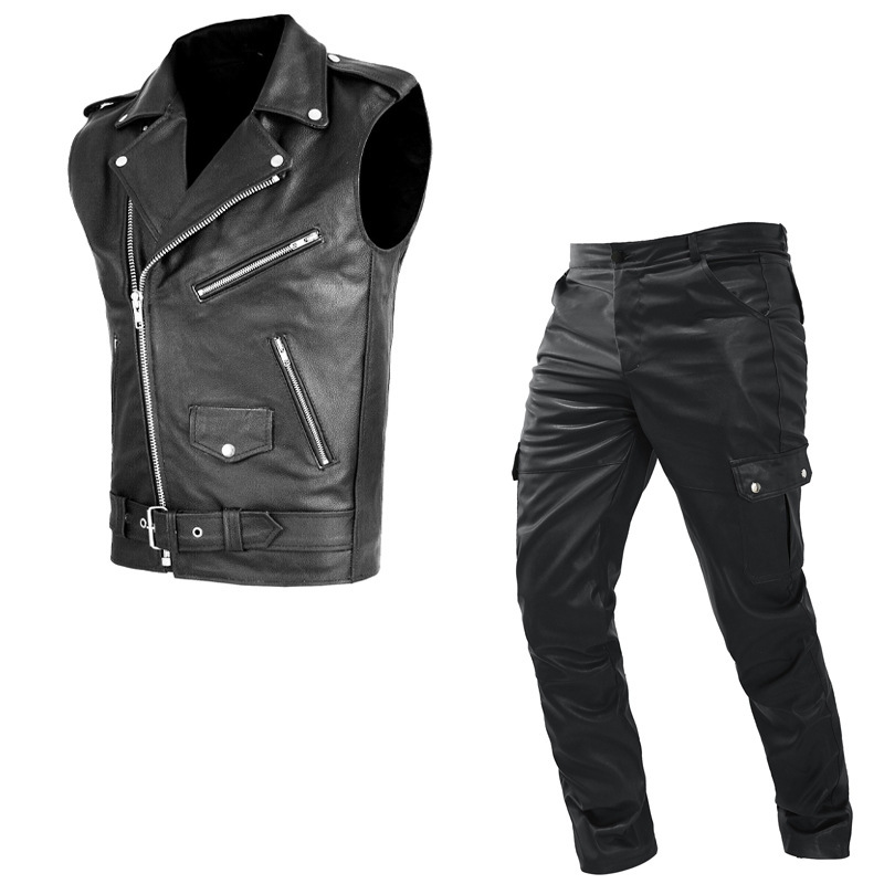 Foreign Trade Spring and Autumn Men's Motorcycle Vest Set Leather Pants Leather Pants Two-piece PU Leather Casual Suit Medieval Clothing