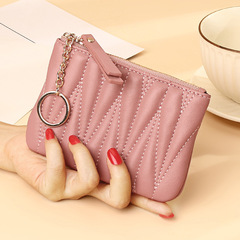 Fashionable sheepskin short small wallet ultra-thin plaid coin key storage coin bag zipper coin purse women's genuine leather