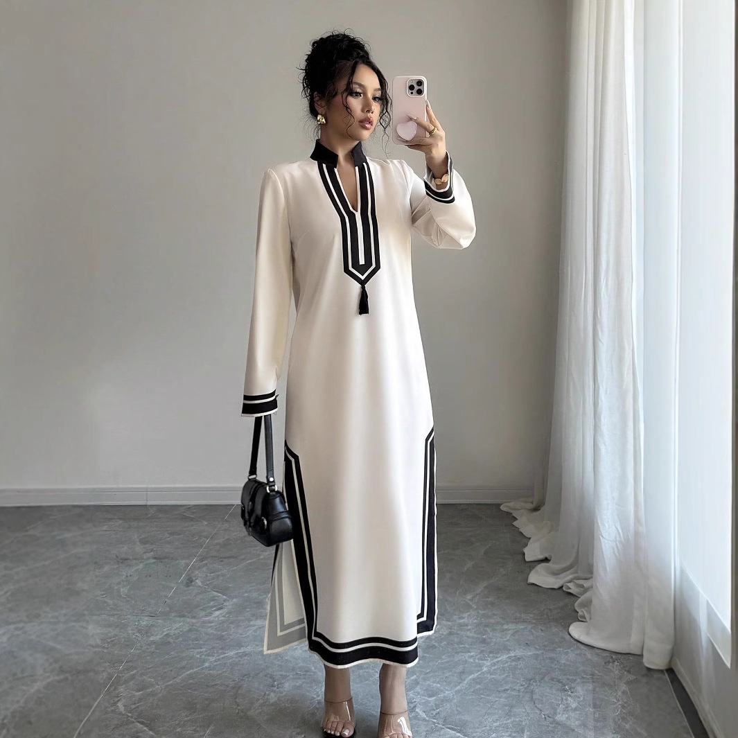 欧美夏季新款沙滩裙女休闲度假套头长袖连衣裙侧开叉显高连衣裙