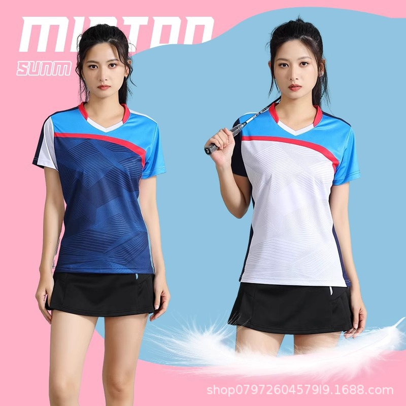(2개) 새로운 배드민턴 의류 남녀 세트 인쇄 반팔 탁구 의류 대회 스포츠 여름 훈련 공 의류 인쇄