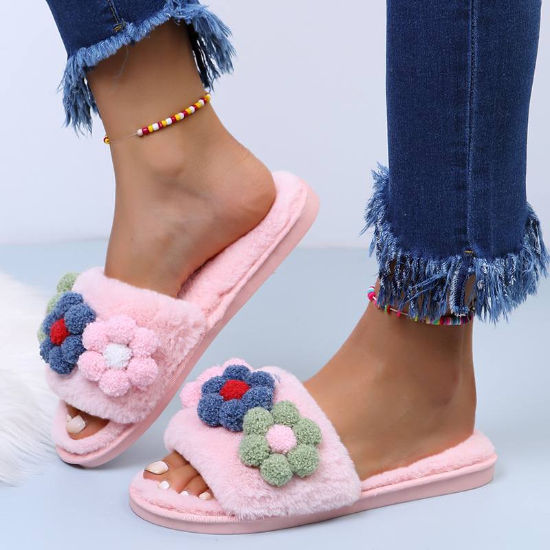 Flat-Bottomed Colorful Flowers Furry Slippers NSKJX104840