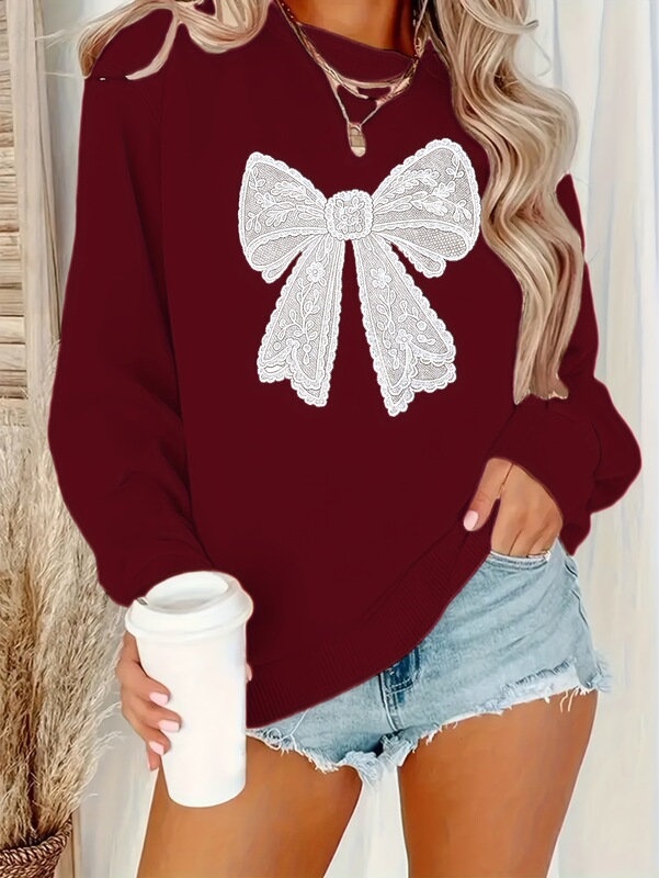 Women's Elegant Navy Blue Lace Bow Round Neck Sweatshirt - Long Sleeve Winter Warmth, White Butterfly Women's Elegant Navy Blue Lace Bow Round Neck Sweatshirt - Long Sleeve Winter Warmth, White Butterfly