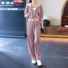 网红潮流连帽拉链外套抽绳高腰长裤粉色两件套装女设计感2025秋季