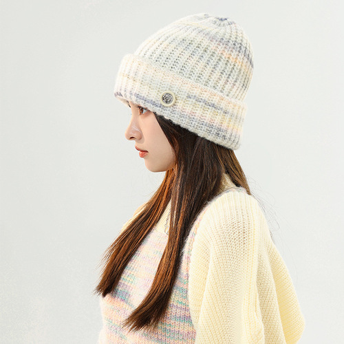 Gradient Striped Knitted Hat Autumn/Winter Colorful Woolen Hat Ear Warm Hat Warm Large Brim Cold Hat Face Slimming Overhead Hat