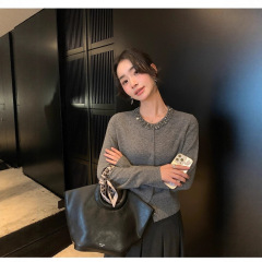 复古气质100羊毛针织开衫女新款设计感小众圆领长袖上衣