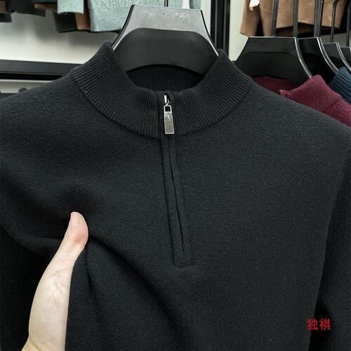 High-end wool sweater for men, half-high collar, zipper, men's thick warm winter solid color top knit sweater, base layer shirt