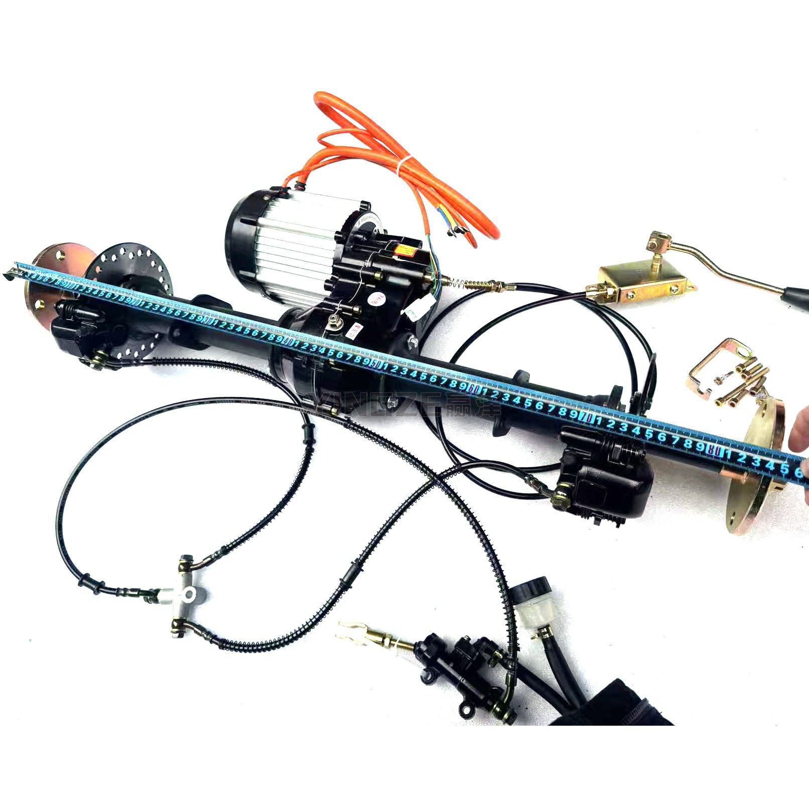 Modified four-wheel electric beach buggy kart parts: differential axle, transmission motor, rear axle, gear set, and dual disc brakes