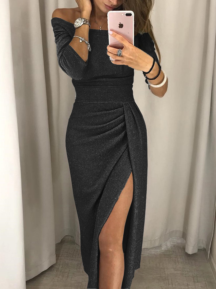 solid color one-word neck long sleeve slit pencil dress multicolors NSJRM127889