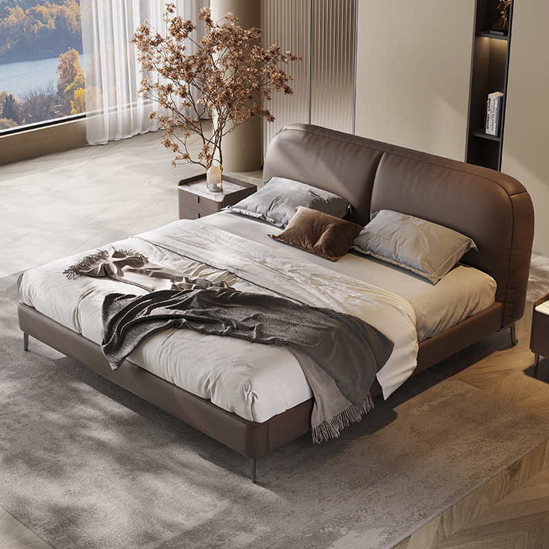 Italiano minimalista de cuero genuino cama diseñador dormitorio principal primera capa de piel de vaca simple suave cama cubierta azul borde gordo cama doble