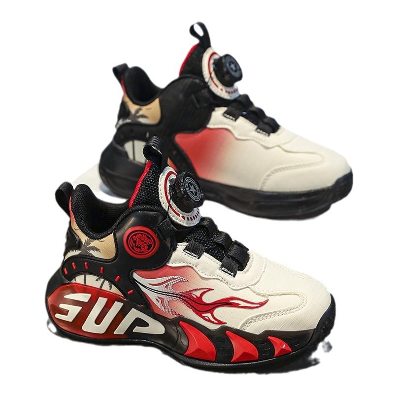 2025 primavera moda zapatos deportivos para niños superficie de cuero botones giratorios resistentes al desgaste zapatos de baloncesto ligeros de todo fósforo para niños y niñas