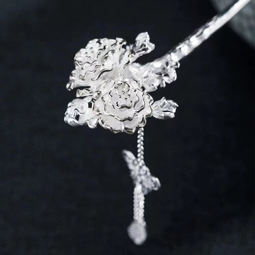 Copper silver-plated retro palace style national style peony hairpin hair accessories women's e-commerce live broadcast factory supply wholesale