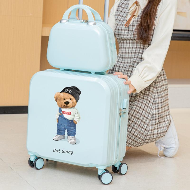 Lindo equipaje para niños de las mujeres de dibujos animados ligero trolley caso niño y madre embarque universal rueda 18 pulgadas maleta contraseña