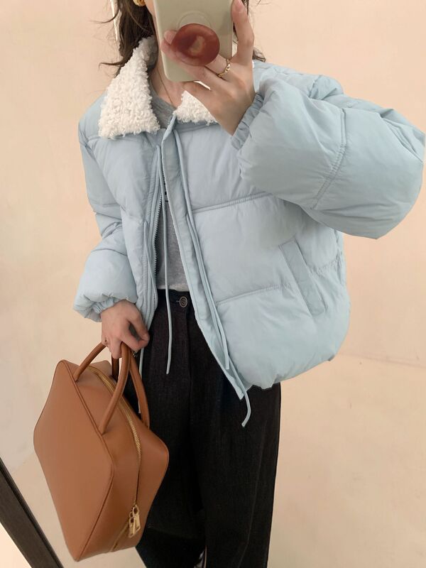 2025冬季羊羔毛棉服女韩版加厚时尚百搭羽绒棉服系带学生棉袄外套|undefined