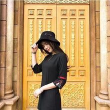 大码春秋季黑色t恤女中长款2025新款一字领宽松t恤长袖侧开叉上衣